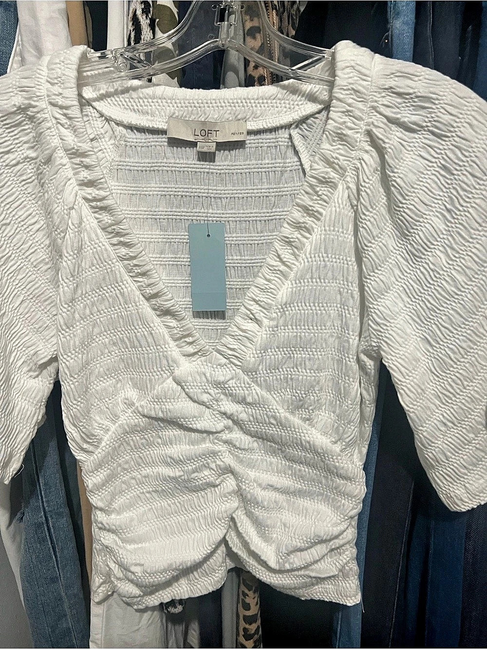 LOFT Textured Ruched Wrap Top White Size XXS Petite NWT
